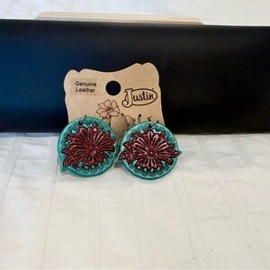Justin Boots Turquoise and Burgundy Floral Leather Stud Earrings